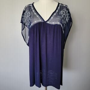 Dex Boho Whimsy Blouse Womens 4X Navy Embroidered Mesh Cottagecore Fairy Casual